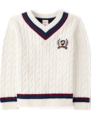Kids Cable Knit Varsity Sweater - Campus Cuties - white