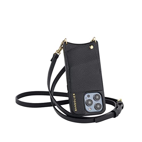 Bandolier Emma Crossbody Phone Case and Wallet - Black Leather with Gold Detail - Compatible with iPhone 14 Plus