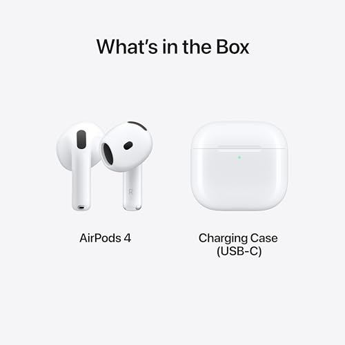 Amazon Apple AirPods 4 Wireless Earbuds, Bluetooth Headphones, Personalized Spatial Audio, Sweat and Water Resistant, USB-C Charging Case, H2 Chip, Up to 30 Hours of Battery Life, Effortless Setup for iPhone