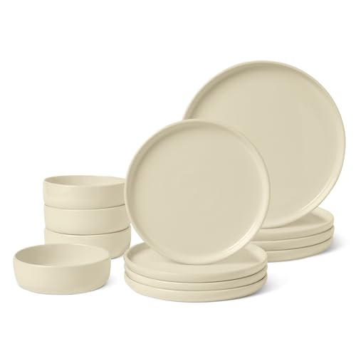 Amazon Amazon Basics Glazed Stoneware Dinnerware, Ceramic 12-Piece Set, 4 Full Place Settings, Dishwasher-Safe, Ivory