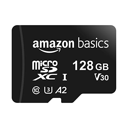 Amazon Basics Micro SDXC Memory Card with Full Size Adapter, A2, U3, Read Speed up to 100 MB/s, 128 GB, Black