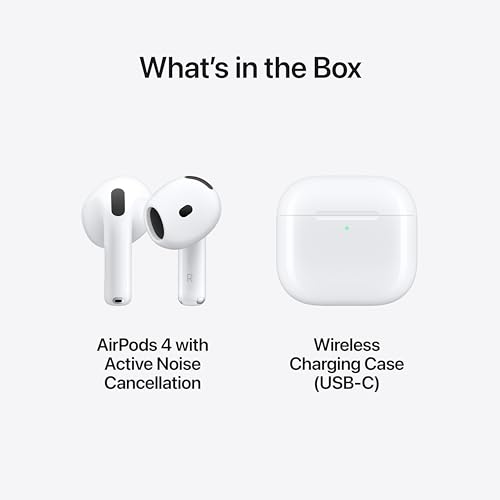 Amazon Apple AirPods 4 Wireless Earbuds, Bluetooth Headphones, with Active Noise Cancellation, Adaptive Audio, Transparency Mode, Personalized Spatial Audio, USB-C Charging Case, Wireless Charging, H2 Chip