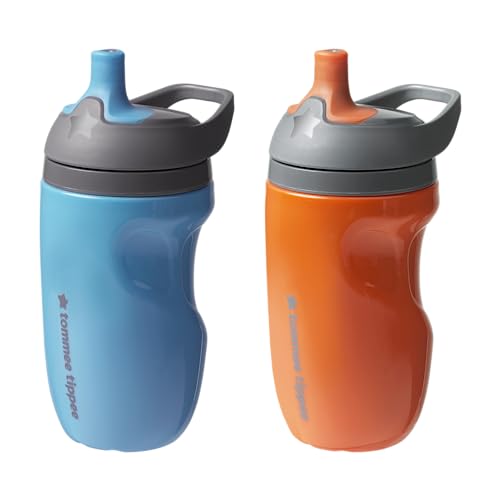 Tommee Tippee Insulated Sporty Bottle, Sippy Cup for Toddlers, 12 months+, 9oz, Spill-Proof, Easy to Hold Handle, Bite Resistant Spout, Pack of 2, Blue and Orange