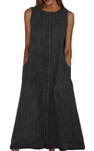 Amazon Womens Casual Sleeveless Maxi Denim Dress Crewneck Vintage Loose Long Vest Jean Dress with Pockets