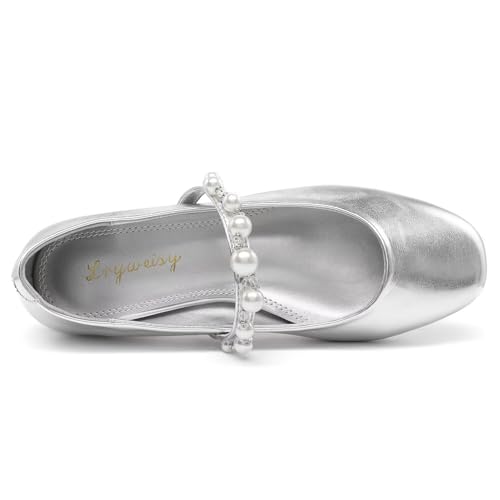 Amazon Lynweisy Women's Two-Tone Mary Jane Flats - Adjustable Buckle Strap Ballet Flats Shoes, Non-Slip Black/Silver Comfort Dress Flats