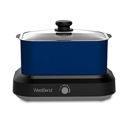 West Bend 87906B Slow Cooker, Large-Capacity Non-Stick Crockpot with Variable Temperature Control, Travel Lid and Thermal Carrying Case, 6 Qt, Blue