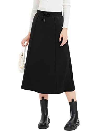 High Waisted Skirts for Women with Pockets Midi Length A-Line Skirt Drawstring Elastic Waist Maxi Skirts S-2XL