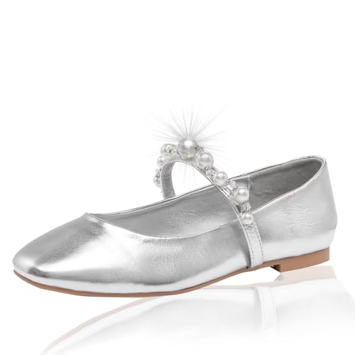 Amazon Lynweisy Women's Two-Tone Mary Jane Flats - Adjustable Buckle Strap Ballet Flats Shoes, Non-Slip Black/Silver Comfort Dress Flats