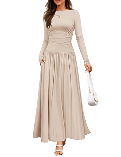 ZESICA Women's Long Sleeve Maxi Dress 2024 Fall Crewneck Knit Casual Slim Swing Pleated Dresses with Pockets