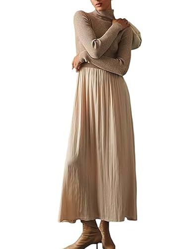 Lauweion Women's Turtleneck Sweater Maxi Dress Long Sleeve Slim Fit Ribbed Knit Pullover Jumper Top Flowy Long Dresses