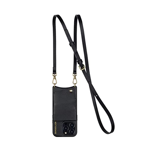 Bandolier Emma Crossbody Phone Case and Wallet - Black Leather with Gold Detail - Compatible with iPhone 14 Plus