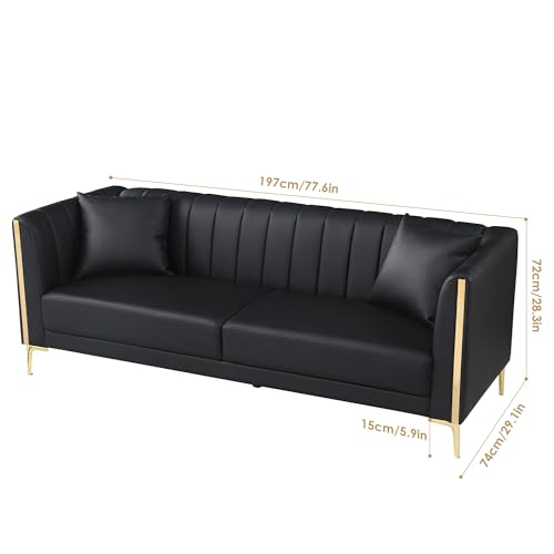 Amazon FOTOSOK 78'' Sofa, Black Couches for Living Room, Comfy Sofas Faux Leather Sofa 3 Seater Couches with 2 Throw Pillows and Gold Metal Legs, Deep Seat Sofas for Home, Office (Black)