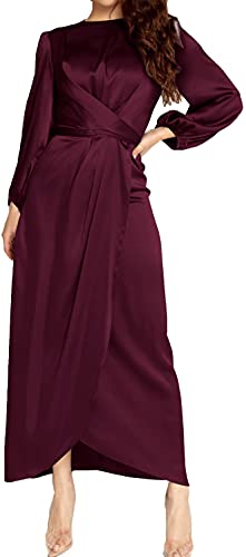 PINUPART Women's Elegant Empire Waist Long Sleeve Satin Maxi Dress