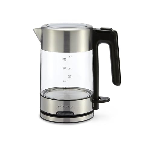 Amazon Basics Electric Kettle, Tea Kettle for Hot Water, Coffee & Tea, With Auto Shut-Off, Boil Dry Protection, Strix Thermostat, BPA-Free, 1.1 Quarts (1.0L), 1500W, Glass and Steel, Black & Silver