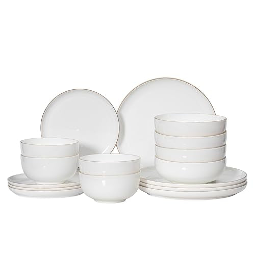 Amazon Perlaceo Luxurious Collection Bone China Dinnerware Set-Lightweight and Durable-Service for 4 or 8, Including Dinner, Salad Plates, and Cereal or Soup Bowls, 16-Pc, White w/Gold Rim