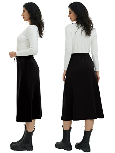 High Waisted Skirts for Women with Pockets Midi Length A-Line Skirt Drawstring Elastic Waist Maxi Skirts S-2XL