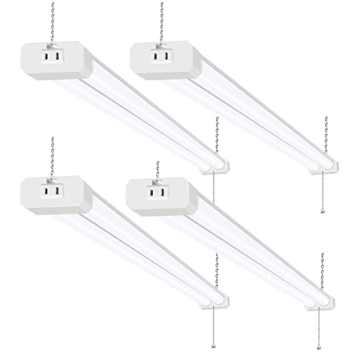 hykolity 4 Pack 4FT LED Shop Light, Linkable Utility Shop Lights, 42W, 5000K Daylight White Shop Light for Garages, Workshops,Hanging or FlushMount, Power Cord with Pull Chain Switch, ETL