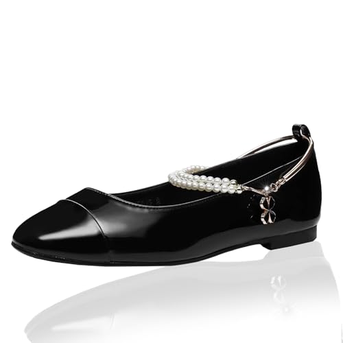 Amazon Lynweisy Women's Two-Tone Mary Jane Flats - Adjustable Buckle Strap Ballet Flats Shoes, Non-Slip Black/Silver Comfort Dress Flats