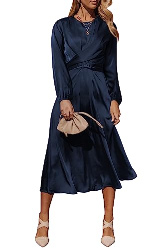 PRETTYGARDEN Women's Fall Fashion 2023 Long Sleeve Satin Dress Tie Back Casual Flowy Midi Dresses