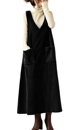 Amazon chouyatou Women's V-Neck Corduroy Overall Dress Jumper A-Line Midi Long Tank Pinafore Dress with Pockets