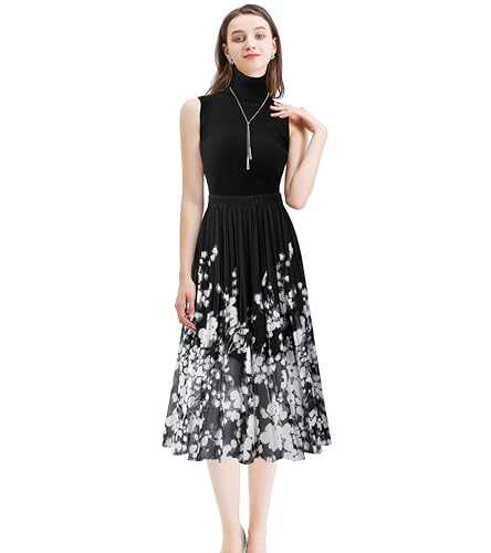 Kingfancy Women's Pleated Skirt Chiffon Elastic Waist A-Line Midi Length Skirt