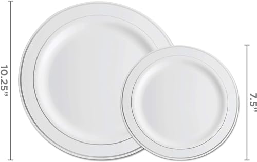 125 Piece Silver Dinnerware Party Set - 50 Silver Rim Plastic Plates, 25 Dinner 25 Dessert Plates, 25 Knives, 25 Forks, 25 Spoons - 25 Guest Disposable Set for Wedding Birthday Parties