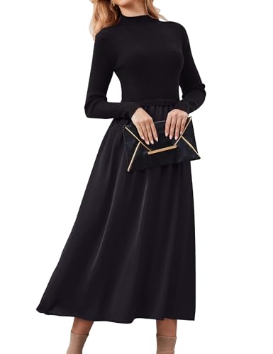 Amazon Women Long Sleeve Sweater Maxi Dress Patchwork Slim Fit Flowy Long Dresses Casual A-Line Knit High Neck Dress Fall