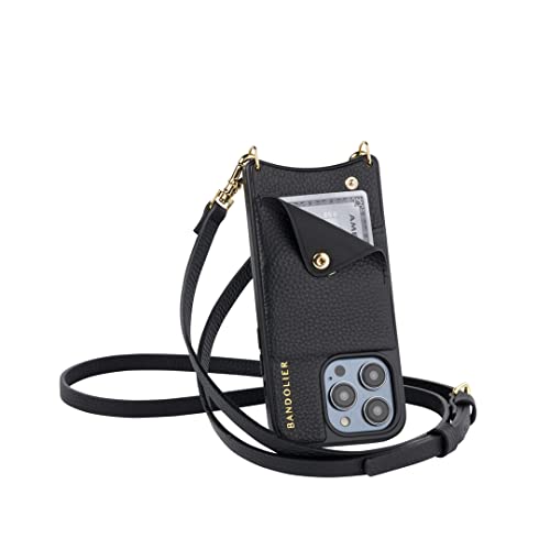 Bandolier Emma Crossbody Phone Case and Wallet - Black Leather with Gold Detail - Compatible with iPhone 14 Plus