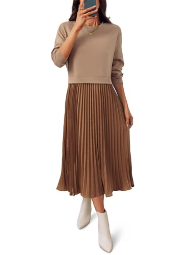 Amazon Wenrine Womens Sweatshirt Dress Casual Patchwork Long Sleeve Crewneck Pleated Fall Maxi Dresses