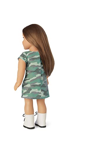 American Girl Truly Me 18-Inch Doll 107 with Brown Eyes, Layered Straight Brown Hair, Light-to-Medium Skin with Warm Undertones, Camo T-Shirt Dress