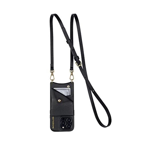 Bandolier Emma Crossbody Phone Case and Wallet - Black Leather with Gold Detail - Compatible with iPhone 14 Plus