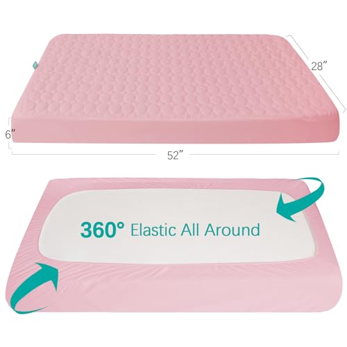 Crib Mattress Protector Sheets Waterproof 2 Pack, Quilted Crib Mattress Pad Cover Fitted Fits for Baby Toddler Bed Mattress, Grey & Pink, 52” x 28”