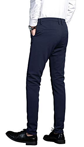 Plaid&Plain Men's Stretch Dress Pants Slim Fit Skinny Suit Pants