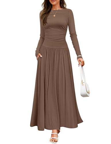 ZESICA Women's Long Sleeve Maxi Dress 2024 Fall Crewneck Knit Casual Slim Swing Pleated Dresses with Pockets