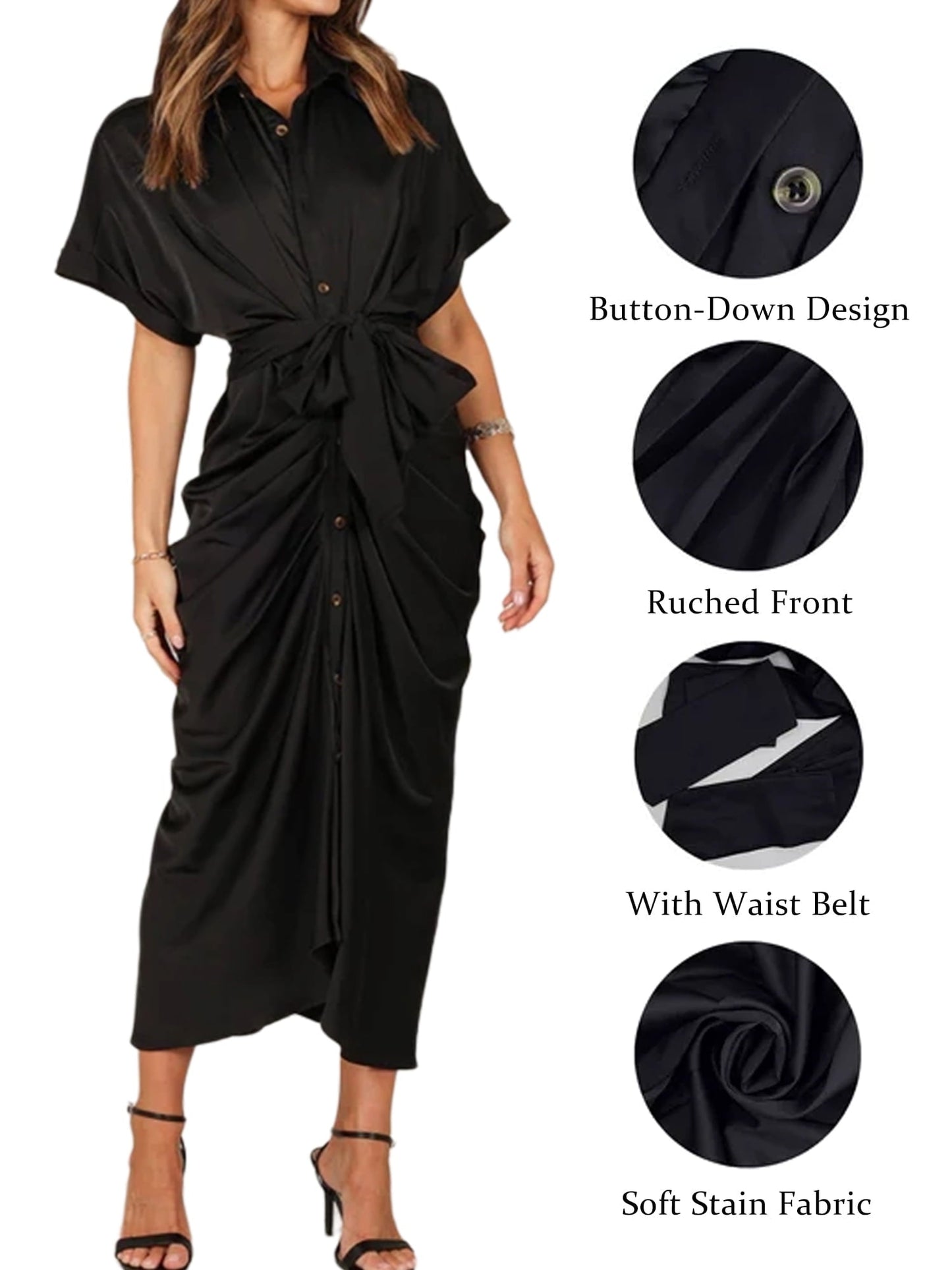 Hanerdun Women Button Down Ruched Shirt Dresses V Neck Belted Party Maxi Satin Dress Black S - image 2 of 5