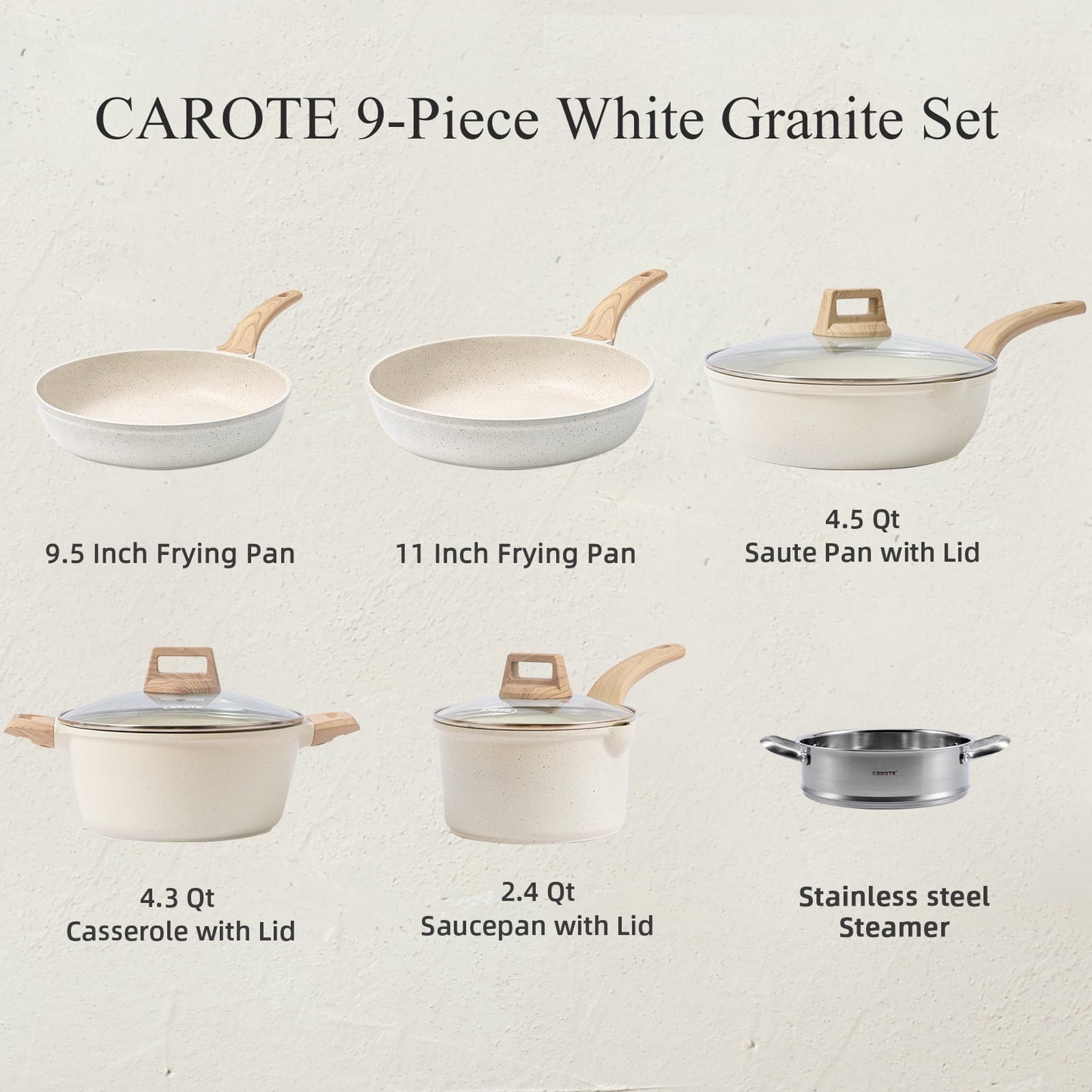 Carote Nonstick Pots and Pans Set, 9 Pcs Induction Kitchen Cookware Sets  Free Gift Turner(White Granite) - image 3 of 8