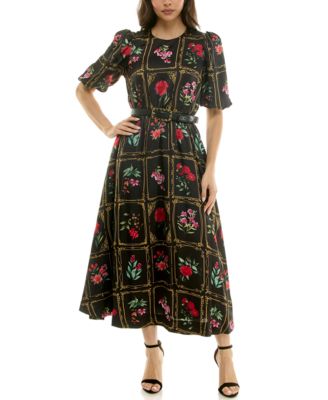 Macy's TaylorWomen's Belted Puff Sleeve Midi Dress