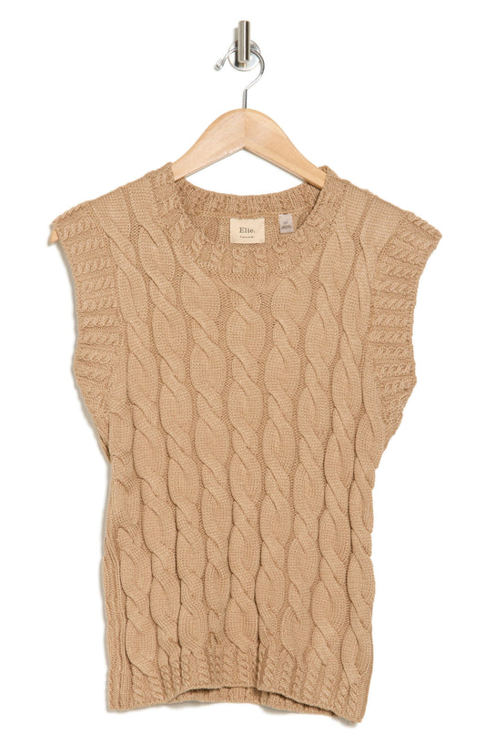 ELIE ELIE TAHARI Cap Sleeve Cable Stitch Sweater, Alternate, color, Latte