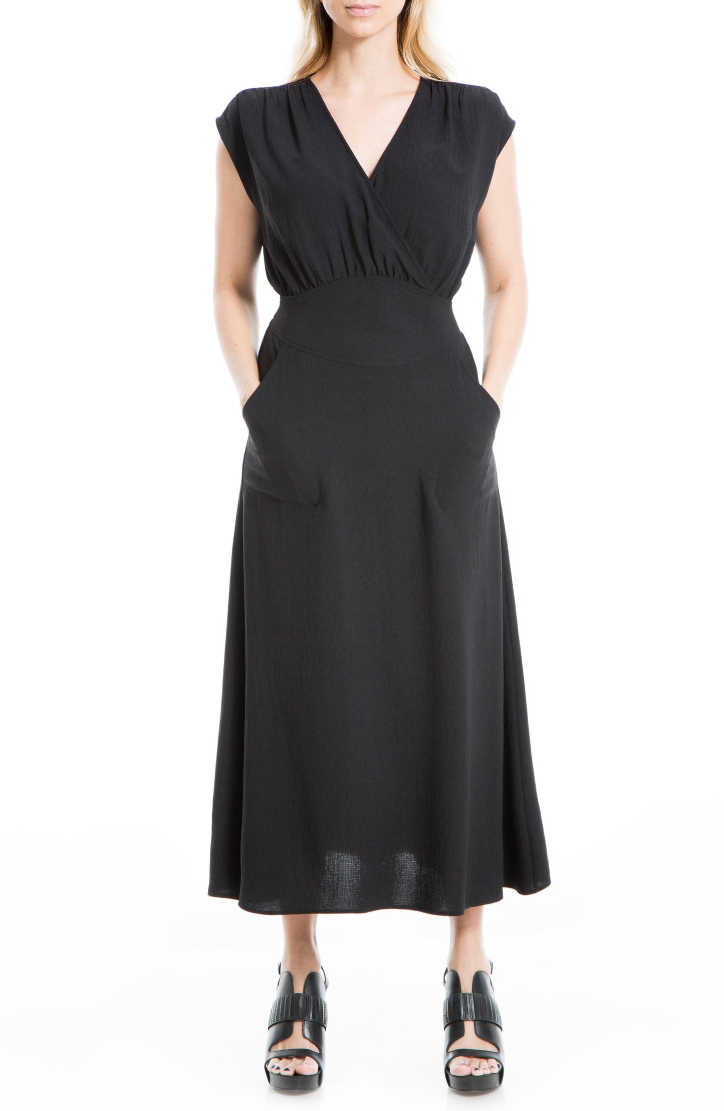 MAX STUDIO Cap Sleeve Pocket Midi Dress, Main, color, BLACK18-BLACK-WW-25118