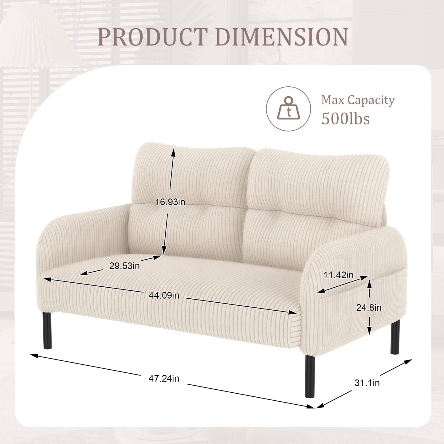 Walmart 47" Small Loveseat Sofa Couch for Small Spaces,Corduroy Upholstered 2-Seater Love Seats for Apartment, Bedroom,Office,Beige