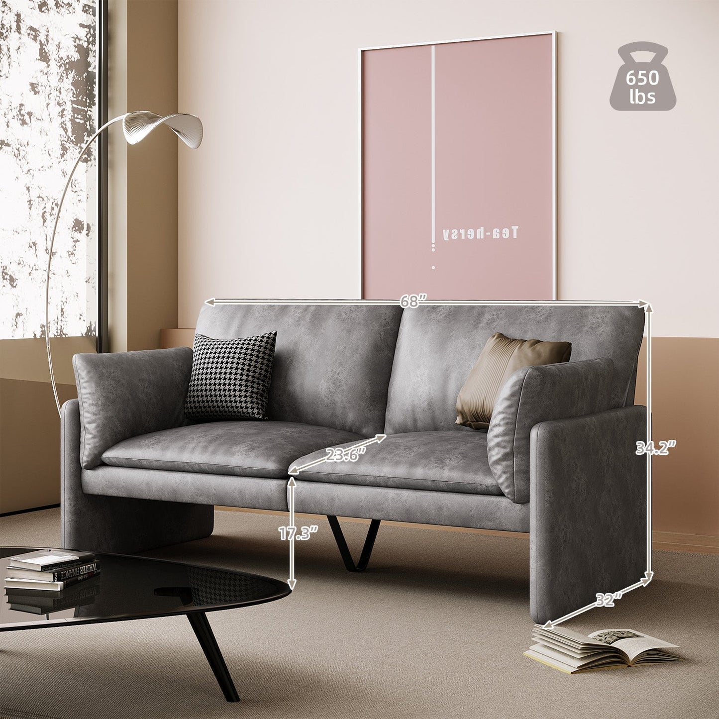 Walmart AECOJOY 68" Loveseat Sofa Couch for living room leather couch with Soft Cushions & Thick Armrests in Grey