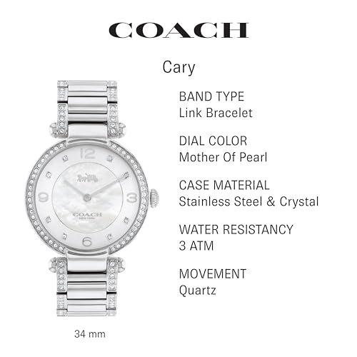 COACH Cary Women's Watch, Timeless Elegance with a Mother-of-Pearl Dial, Perfect for Any Occasion, Water-Resistant,