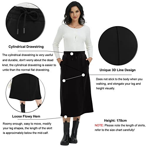 High Waisted Skirts for Women with Pockets Midi Length A-Line Skirt Drawstring Elastic Waist Maxi Skirts S-2XL