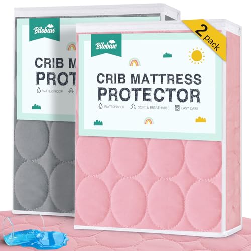 Crib Mattress Protector Sheets Waterproof 2 Pack, Quilted Crib Mattress Pad Cover Fitted Fits for Baby Toddler Bed Mattress, Grey & Pink, 52” x 28”