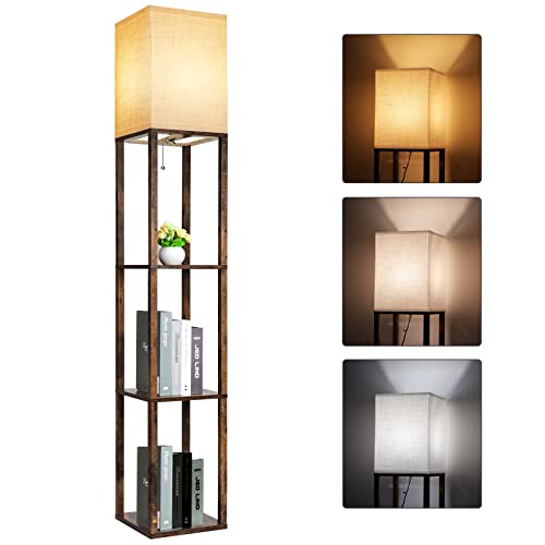 RUNTOP Floor Lamp with Shelves, Modern Shelf Lamp for Display Storage, 3 Color Temperature Wood Narrow Standing Corner Lamp with 8W Bulb for Living Room, Bedroom, Office(Brown)