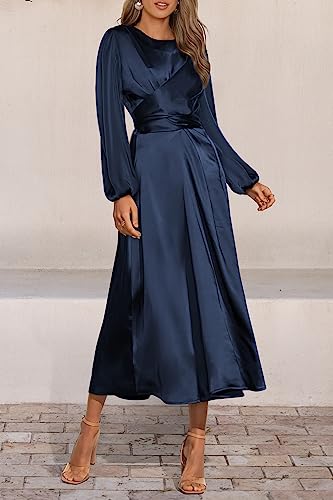 PRETTYGARDEN Women's Fall Fashion 2023 Long Sleeve Satin Dress Tie Back Casual Flowy Midi Dresses