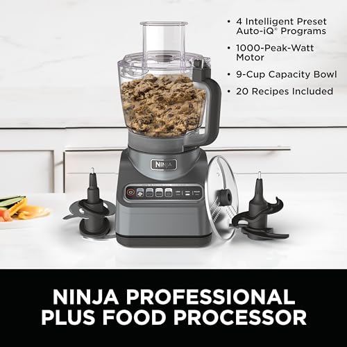 Ninja BN601 Professional Plus Food Processor, 1000 Peak Watts, 4 Functions for Chopping, Slicing, Purees & Dough with 9-Cup Processor Bowl, 3 Blades, Food Chute & Pusher, Silver