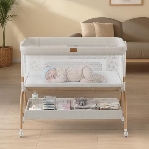 Amazon Baby Bassinet Bedside Crib, 3-in-1 Baby Bassinet Bedside Sleeper with Mattress and Soft, Breathable Sheet, Full-Mesh Sides, 6-Height Adjustable, Stable and Secure Crib for Newborns