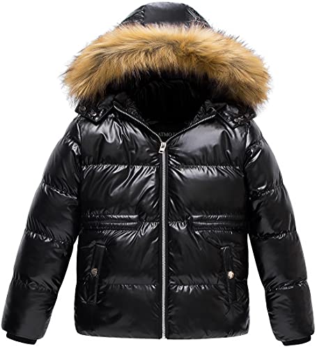 CREATMO US Girl's Kids Metallic Shiny Jacket with Detachable Fur Collar Warmth Winter Outerwear