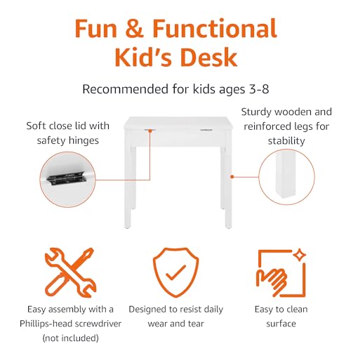 Amazon Basics Wood Lift-Top Kids Rectangular Study Desk, White